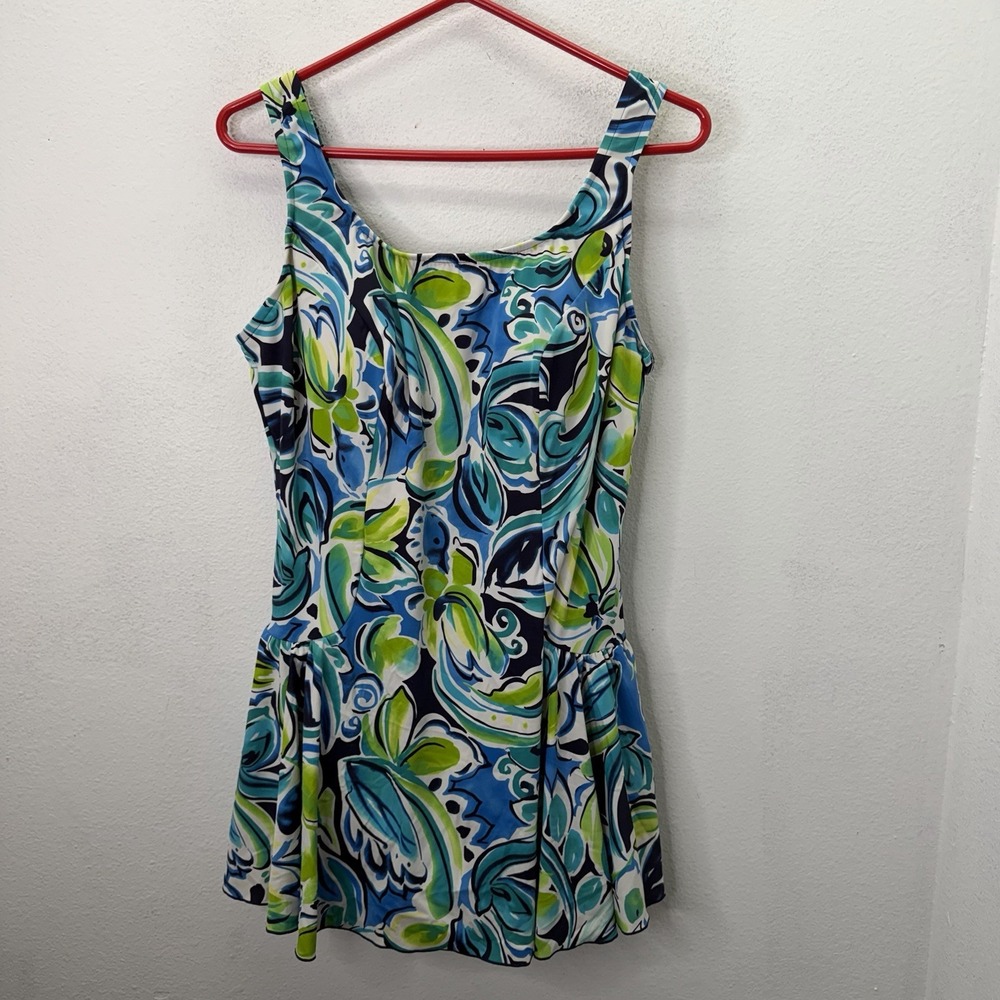 Maxine Womens 22W One Piece Swimsuit Swim Dress Blue Tropical Floral Bathing